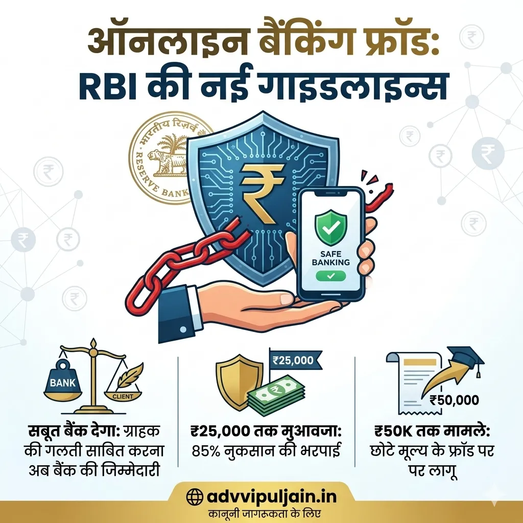 RBI New Guidelines for Digital Fraud in Hindi - Compensation up to 25000 and Bank Liability for Online Cheating. Legal advice by Adv Vipul Jain Gwalior